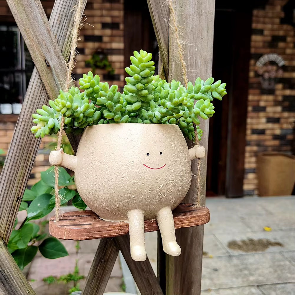 Chair/Swing Smile Face Planter Pot Resin Hanging Cute Head Planters Creative Rocking Succulent Flower Pot Garden Plant Container