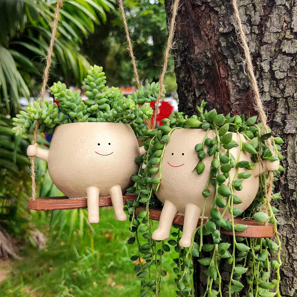 Chair/Swing Smile Face Planter Pot Resin Hanging Cute Head Planters Creative Rocking Succulent Flower Pot Garden Plant Container